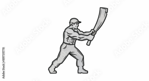 Strong Muscular Man Swinging a Large Machete with Force, Ready to Cut or Chop Vegetation