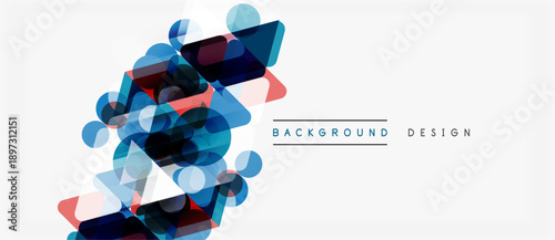 Abstract geometric shapes overlap, creating dynamic visual effect. Blue, red hues dominate white background. Modern design element.