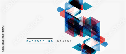 Abstract geometric shapes overlap, creating vibrant modern design. Blue, red, teal hues dominate white background. Minimalist aesthetic.