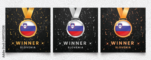 Slovenia winner set featuring gold, silver, and bronze medals with the national flag, displayed on a dark background with festive confetti, sparkling highlights and elegant patterns
