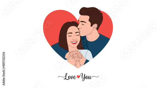 Romantic portrait of a man kissing a woman on her forehead set within a large red heart with the words love you at the bottom.