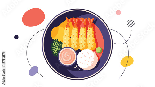 Top-down view of a traditional japanese meal plate with golden shrimp tempura, white rice, dipping sauce, and fresh greens.