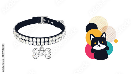 Glamorous black pet collar encrusted with sparkling jewels and a bone charm next to a cute stylized black and white cat.