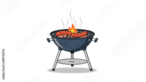 Classic outdoor charcoal barbecue grill with two sizzling sausages cooking over an open fire with wisps of grey smoke rising into the air.