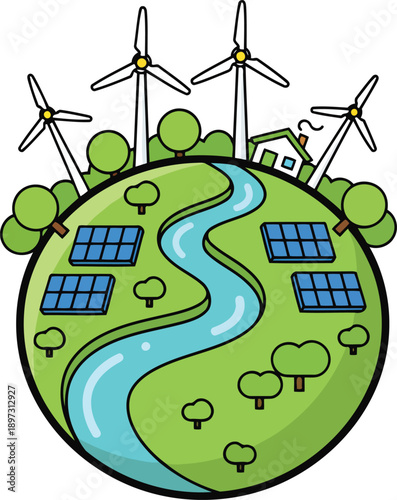 Green Earth with Wind Turbines, Solar Panels and River, Earth Day Sustainability Cartoon Vector Illustration