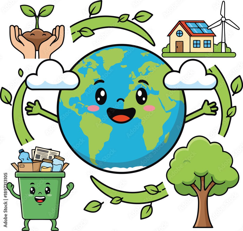 Fototapeta premium Happy Earth with Recycling, Renewable Energy and Nature Icons, Environmental Awareness Cartoon Vector Illustration