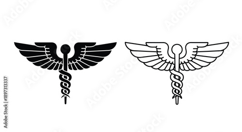 Winged caduceus symbol in black and white detailed illustration silhouette