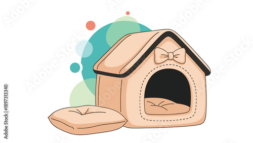 Comfortable indoor dog house with a soft cushion inside and an extra pillow outside, decorated with a cute bow on the front entrance.