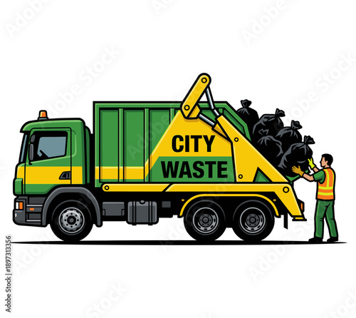 A garbage truck collecting waste and a worker loading the trash. The image shows a municipal waste truck with a worker at work.