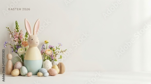 Happy easter 2026 celebration clean pastel wicker eggs and bunny april decor concept in a serene environment
