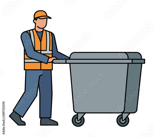 A sanitation worker efficiently pushing a large waste container