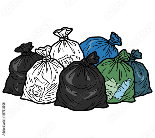 A pile of various colored trash bags, each tightly sealed and filled with waste