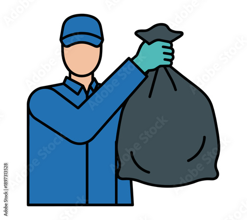 A sanitation worker carrying a full garbage bag. He is in a blue uniform and wears gloves