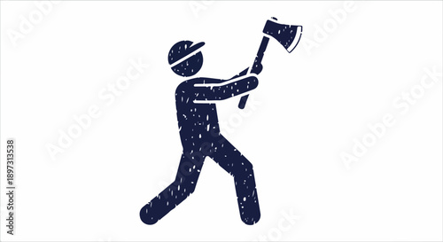 Silhouette of a lumberjack or woodcutter in a cap swinging an axe, isolated on a white background. Graphic illustration.