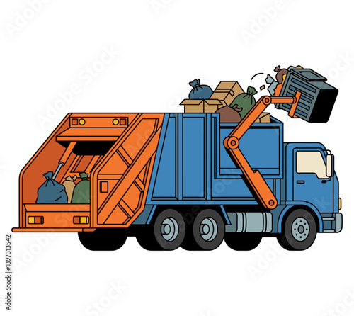 A illustration of a garbage truck collecting waste and dumping trash into its container