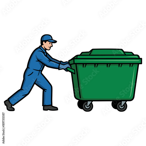 Sanitation worker in uniform pushing large green waste bin