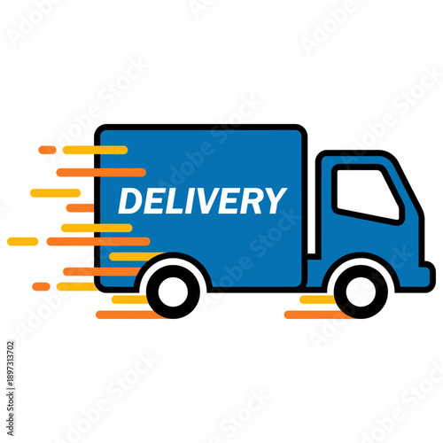 Express delivery: A side view of a blue truck with the word Delivery and motion trails. It symbolizes fast and efficient shipping services.
