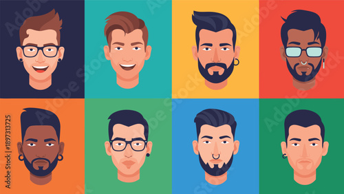 Selection of eight different male avatar portraits with varying skin tones, hairstyles, facial hair, and glasses in flat design.
