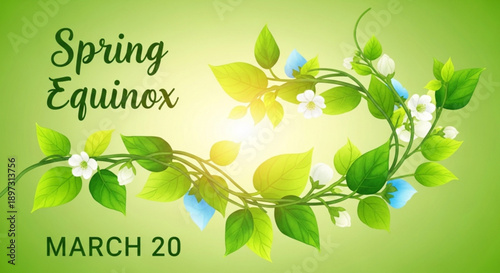 Vibrant spring equinox wreath with green leaves white flowers on bright green gradient background march 20