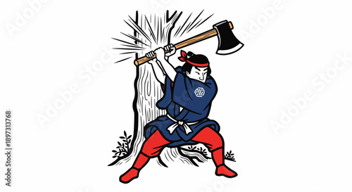 Japanese lumberjack with axe chopping a tree in a traditional style illustration