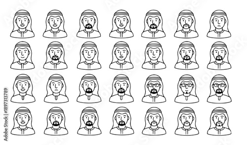 Arabian Businessman Jubba and Pagri Monochrome Outline Action Icon Set