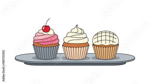 Trio of deliciously decorated cupcakes with various frosting styles including a cherry on top and a white chocolate drizzle.