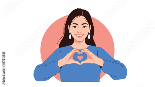 Beautiful young woman with long dark hair making a heart shape with her hands over her chest to express love and kindness.