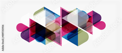 Abstract geometric shapes overlap, creating colorful translucent design. Modern composition utilizes gradients, angles, curves.