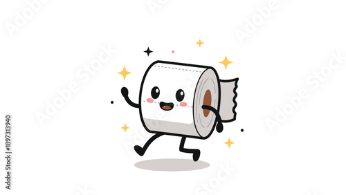 Playful cartoon character of a toilet paper roll running happily while surrounded by small twinkling stars on a white background.