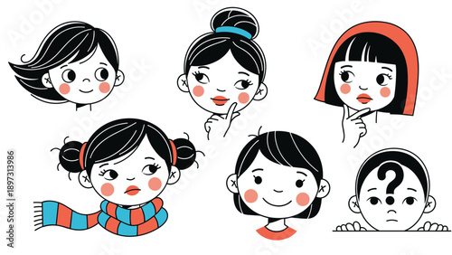 Collection of charming hand-drawn girl faces showing different personalities through unique hairstyles and cute facial expressions.