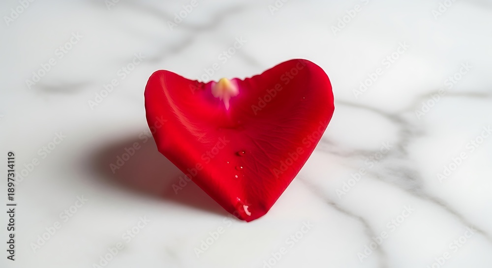 Fototapeta premium valentines day A red rose petal in the shape of a heart on a marble surface