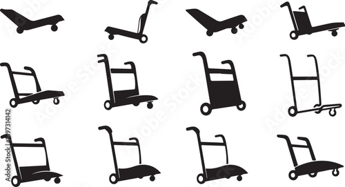 Various Black Silhouettes of Shopping Carts and Luggage Carts