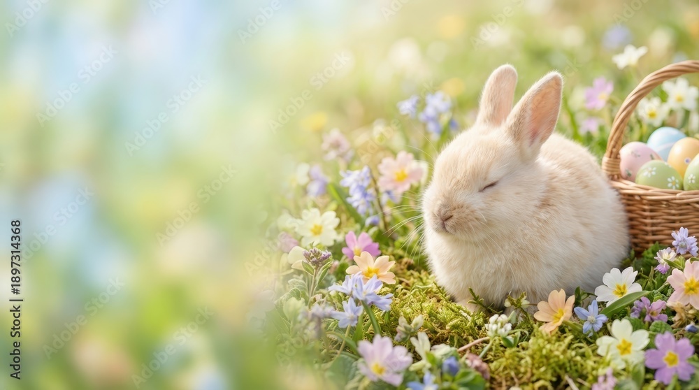 Obraz premium Happy easter 2026 celebration banner with wicker basket and pastel eggs in a clean april nature environment