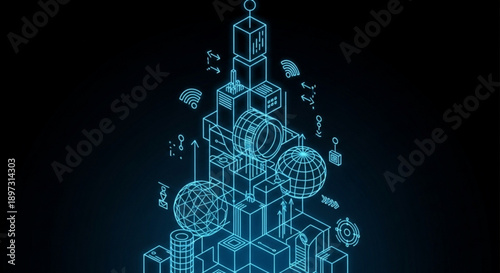 A futuristic blue 3d geometric illustration of various objects and symbols on a dark background with a gradient effect