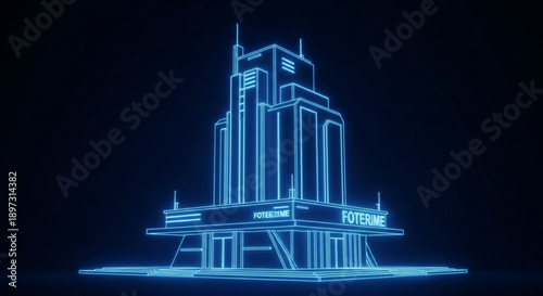 A futuristic blue neonlit skyscraper with sleek lines and modern architecture standing tall against a dark background with a large sign reading fortune