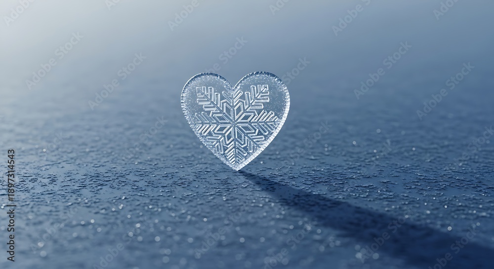 Fototapeta premium valentines day A delicate heart-shaped ice crystal with a snowflake design sits on a frosty surface.