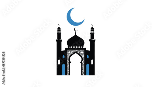 Mosque Silhouette with Crescent Moon in Simple Flat Design on White Background for Islamic Symbol
