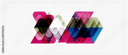 Abstract geometric shapes overlap, creating colorful translucent design. Pink, blue, purple hues dominate composition. Modern aesthetic.