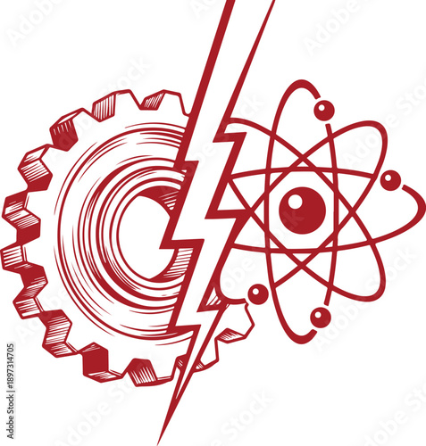 Industrial gear and atomic structure with lightning bolt in hand drawn red line