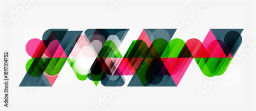 Abstract geometric shapes overlap, creating vibrant colorful pattern. Design features layered translucent elements, modern aesthetic.