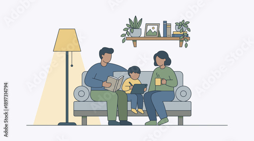 Family evening quality time vector family routine flat design isolated on white background