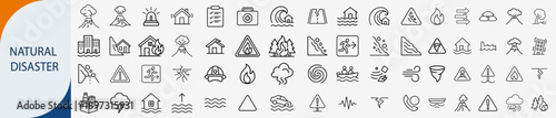 Natural disaster icons set, line symbols for extreme weather emergency flood earthquake and catastrophe vector illustration
