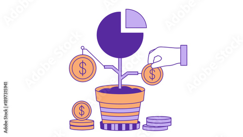 A hand putting money into a potted plant with a pie chart growing
