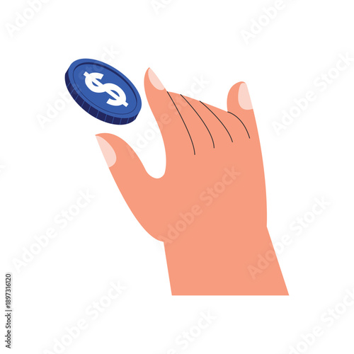 Human hand tossing a blue dollar coin into the air for a coin flip decision vector illustration.