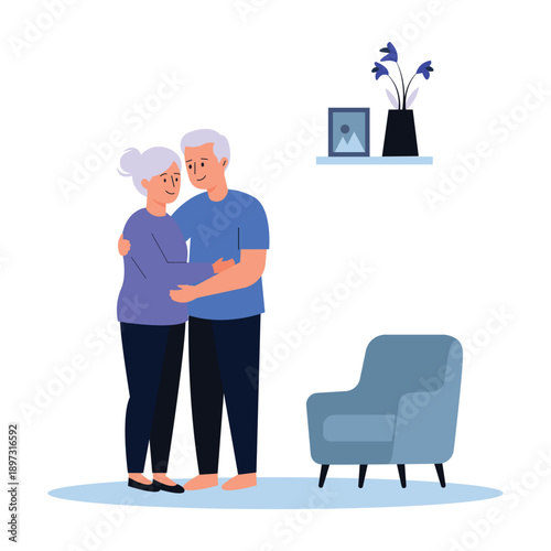 Modern flat illustration of an elderly couple expressing love and care at home vector illustration.
