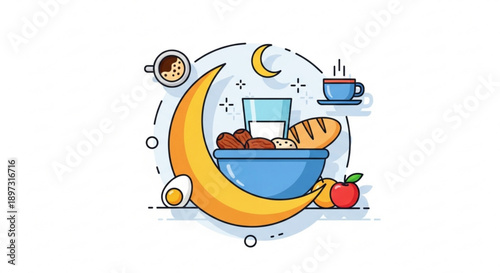 Breakfast illustration featuring crescent moon bowl with food and beverages under celestial bodies