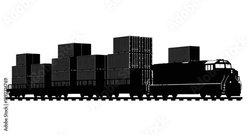 Freight train transporting cargo containers on railroad tracks efficiently