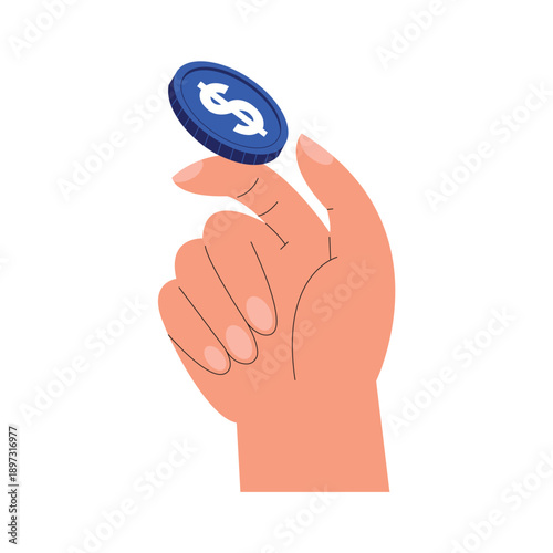Human hand flipping a blue dollar coin in the air representing financial decisions or luck vector illustration.