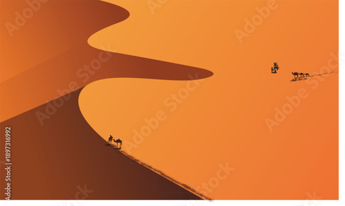 Desert landscape with sand dunes and silhouettes of people traveling on camels under bright warm sun at sunset