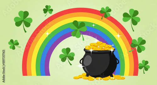 Colorful rainbow with a black pot of gold coins and green shamrocks on a light green background symbolizing good luck and fortune